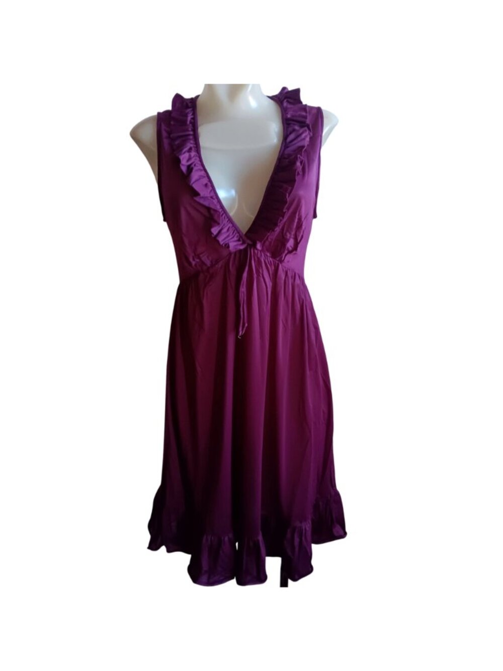True Vintage Nightie Dress Small 70's Vintage Ruffled Plum Sleeveless V-Neck